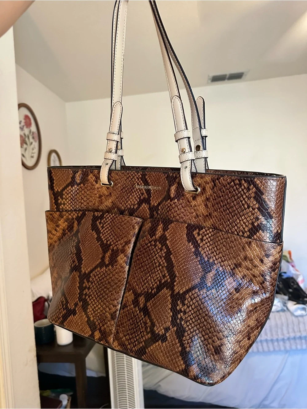 Michael Kors Brown Snake Print Tote with Cream Straps